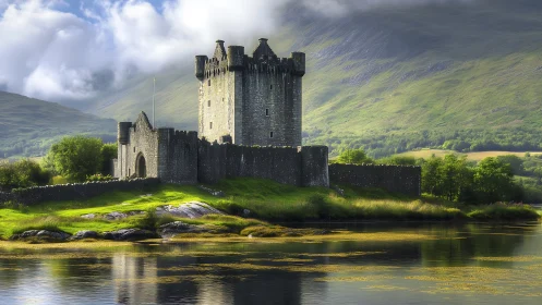 Ancient Scottish Castle Stands Majestically Along River.