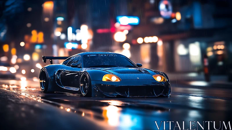Widebody sports car slices through neon rain on urban street