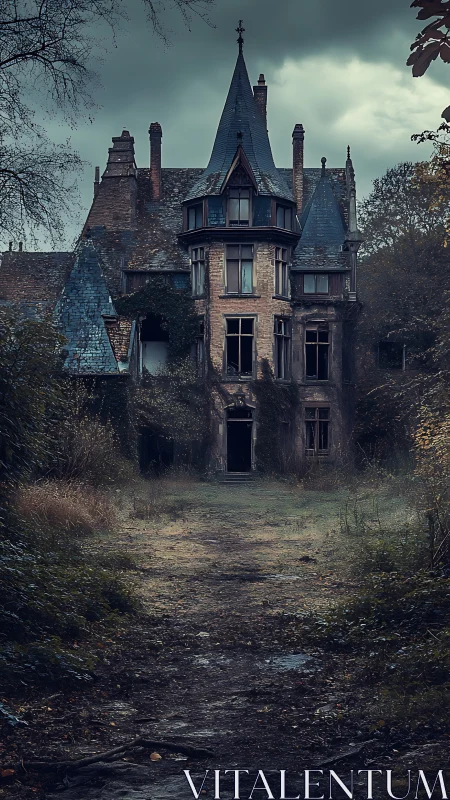 Gothic manor in overgrown twilight ruins, moody portrait frame.