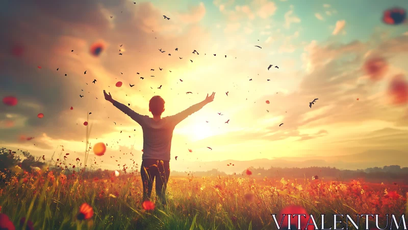 Backlit figure celebrates sunrise in glowing poppy meadow