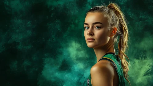 Calm athlete in emerald light, quietly ready to rise.