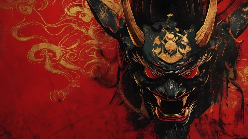 Fierce horned demon mask on intense red and gold background.