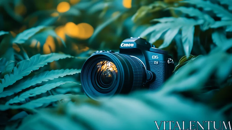 DSLR camera nestles in teal jungle foliage, lens glowing