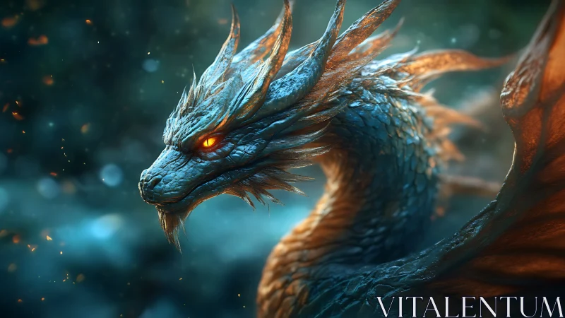 Fiery-eyed blue dragon rendered in cinematic fantasy art.