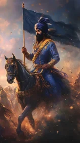Gallant Sikh warrior rides forward with banner held high