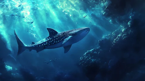 Whale shark glides through deep blue cavernous seascape