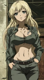 Confident blonde anime woman strolls through worn city street