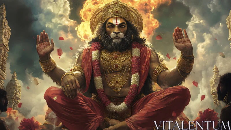 Lion-headed deity figure sits in ornate golden temple scene