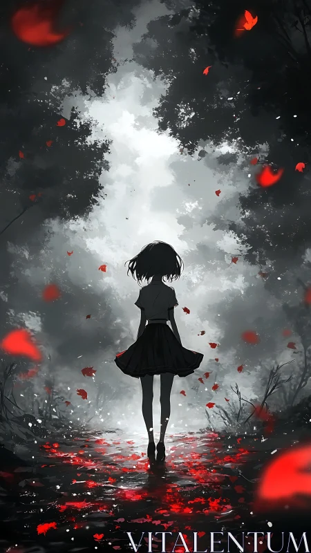 Solitary girl walks along red lit path in dark forest.