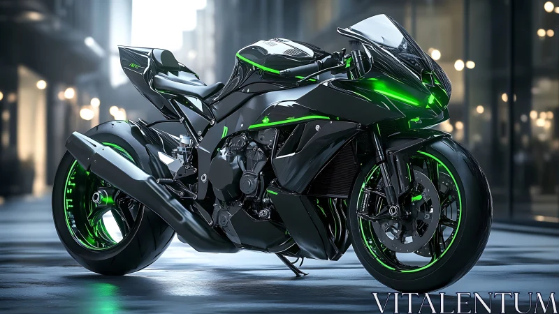 Futuristic sport motorcycle glows neon green in sleek city