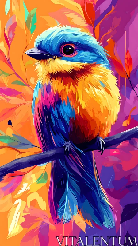 Neon songbird perches amid vivid abstract foliage glow.