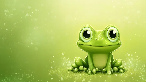 Bright green cartoon frog on dreamy bokeh meadow background.