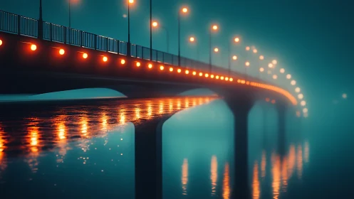 Neon bridge lights shimmer across a misty midnight river