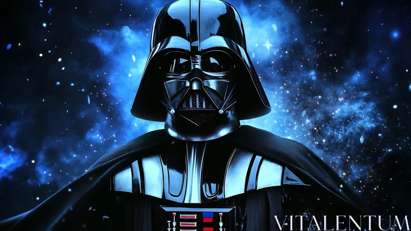 Armored dark figure in space with reflective helmet glow.