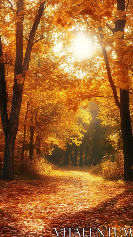 Golden Forest Pathway: Autumnal Canopy with Backlighting.