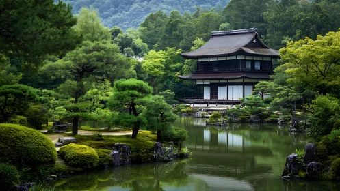 Traditional Japanese pavilion by reflective pond in dense forest