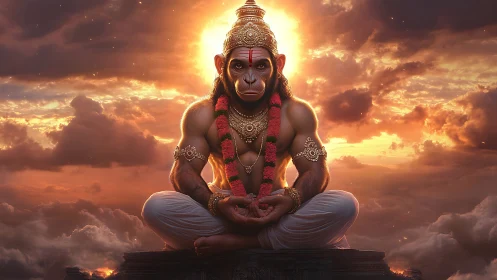 Divine monkey warrior meditates in glowing sunset clouds.