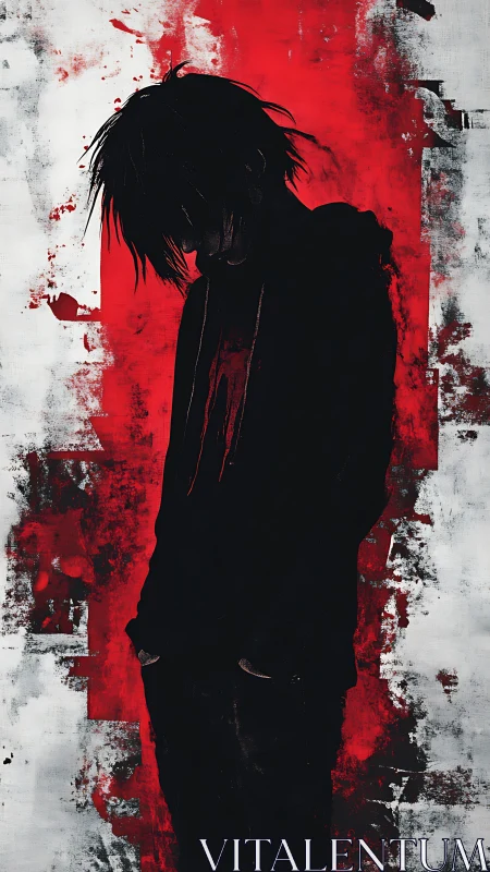 Silhouetted figure in black against bold red field.