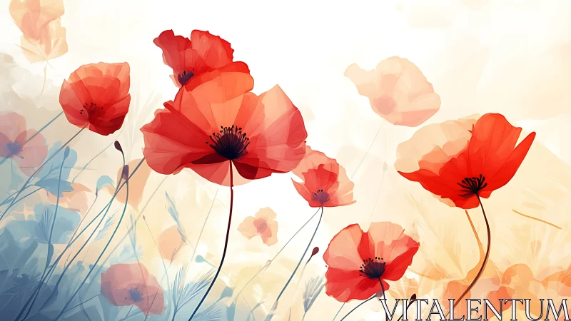 Red and Orange Poppy Flowers in Soft Watercolor Wash.