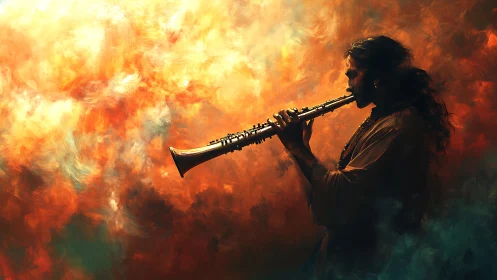 Side-profile musician plays wind instrument amid diffuse clouds