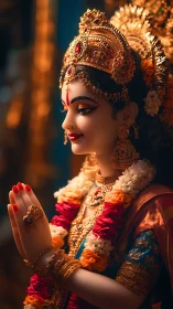 Golden goddess in marigold garlands and candlelit devotion.