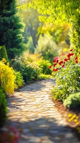 Sunlit stone garden path winds through lush summer foliage.