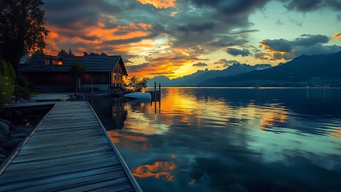 Lakeside chalet and pier frame a saturated alpine sunset reflection