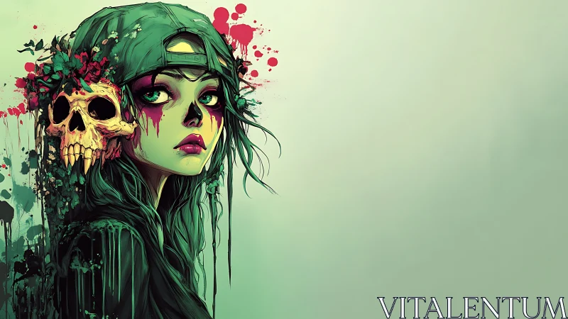 Chromatic necro-urban portrait with dripping skull florals.