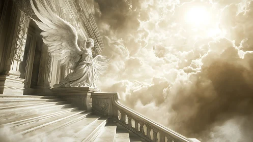 Marble winged guardian on celestial staircase in sepia light.