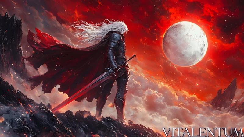 Armored lunar swordsman over volcanic cloud horizon study.