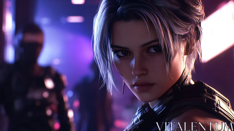 Cybernetic woman in neon lit environment facing camera view.