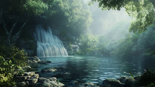 Volumetric-lit forest waterfall and still pool environment.