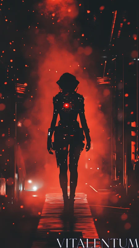 Silhouetted cyborg walks through red illuminated corridor