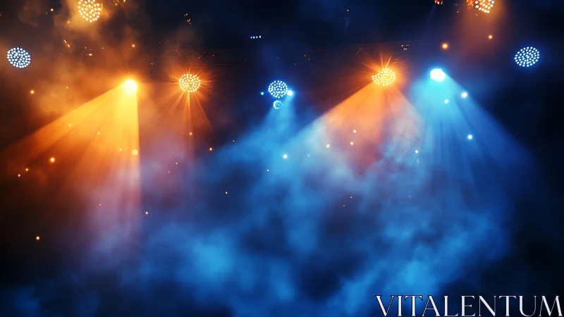 Stage lights argue in blue and amber across swirling haze