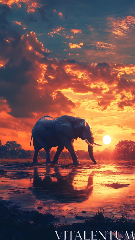 Elephant walking through shallow water at vivid sunset.