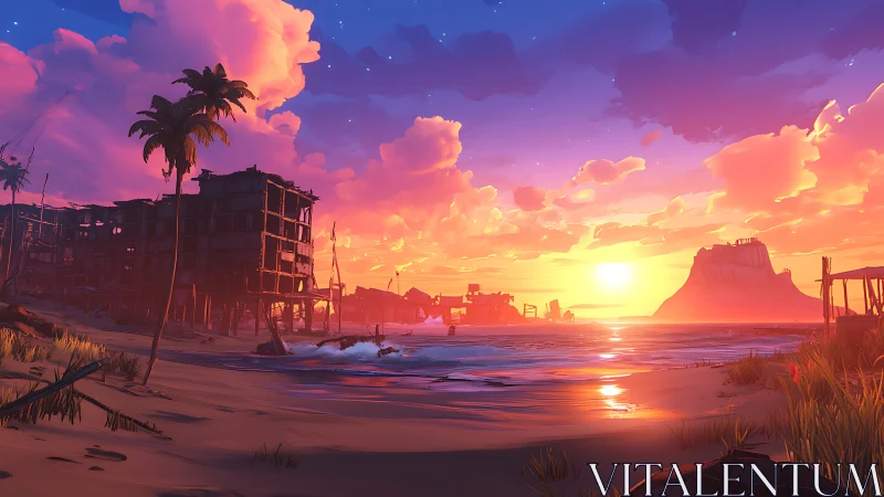 Sunset paints a quiet tropical shore in glowing pastel light