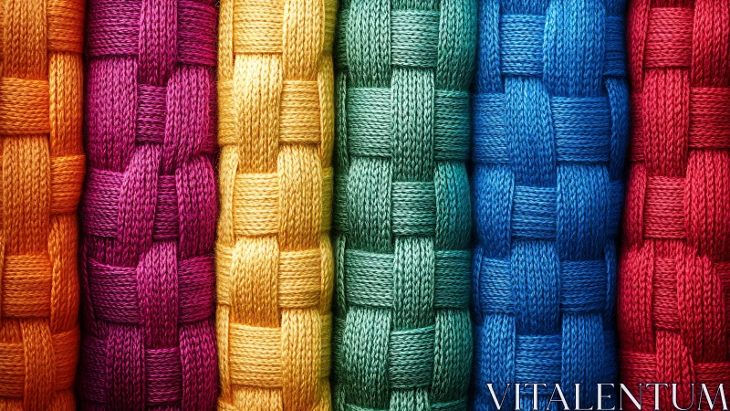 Colorful woven textile columns show tight braided structure