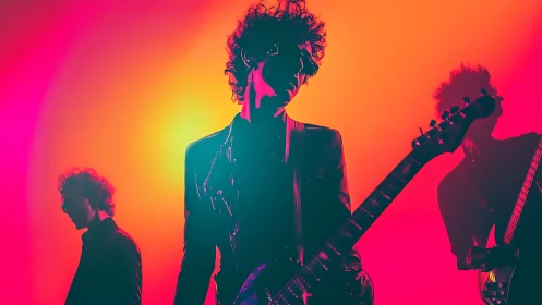 Neon drenched rock band silhouettes under vibrant stage haze.