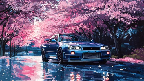 Blue sports car under pink cherry blossoms on wet road.