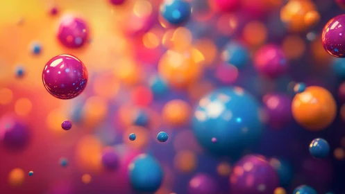 Glossy multicolor spheres float in a shallow depth 3D scene