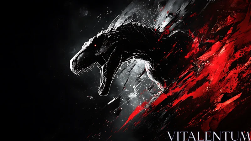 Ferocious dinosaur erupts from red and black abstract shadows