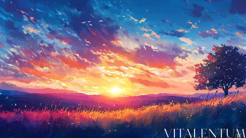 Sunrise wildfire sky over dreaming hills and lone tree field.