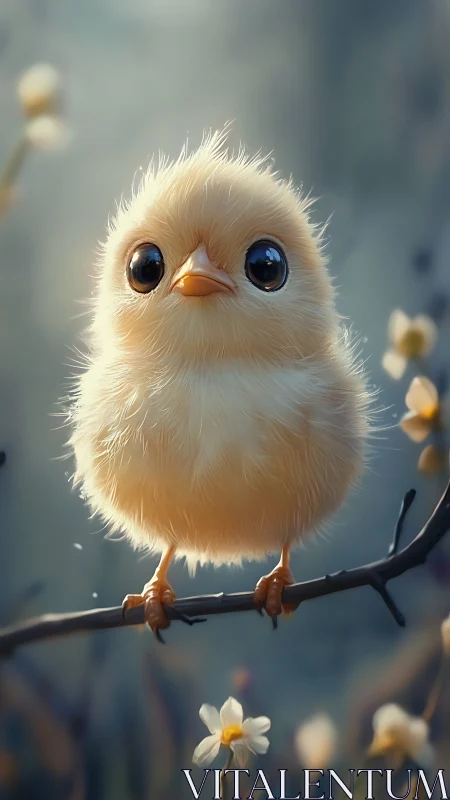 Ethereal Chick Perched on Branch Amid Blossoms.