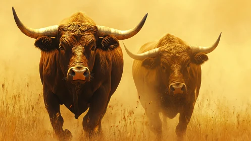 Twin thunderhorns storm through a wildfire-colored haze