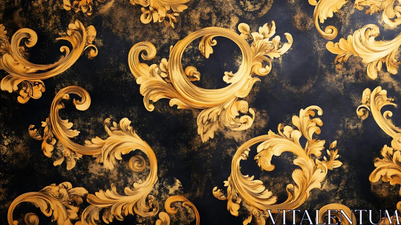 Baroque gold acanthus scrolls on textured midnight ground.