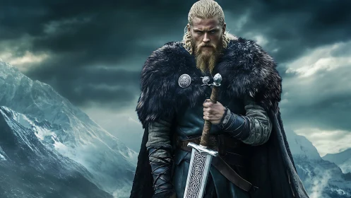 Viking warrior in furs gripping sword on icy mountain ridge.