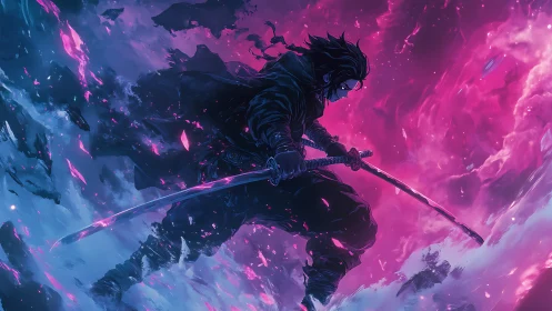 Sword-wielding figure in neon storm-like energy field.