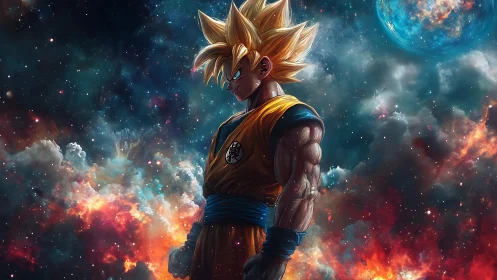 Saiyan warrior silhouette against blazing cosmic nebula.