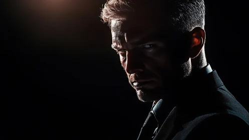 Moody low key portrait of stern man in dark suit.