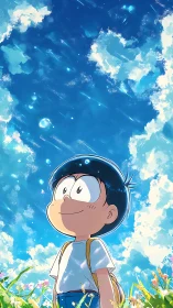 Anime boy under bright summer sky with drifting clouds.